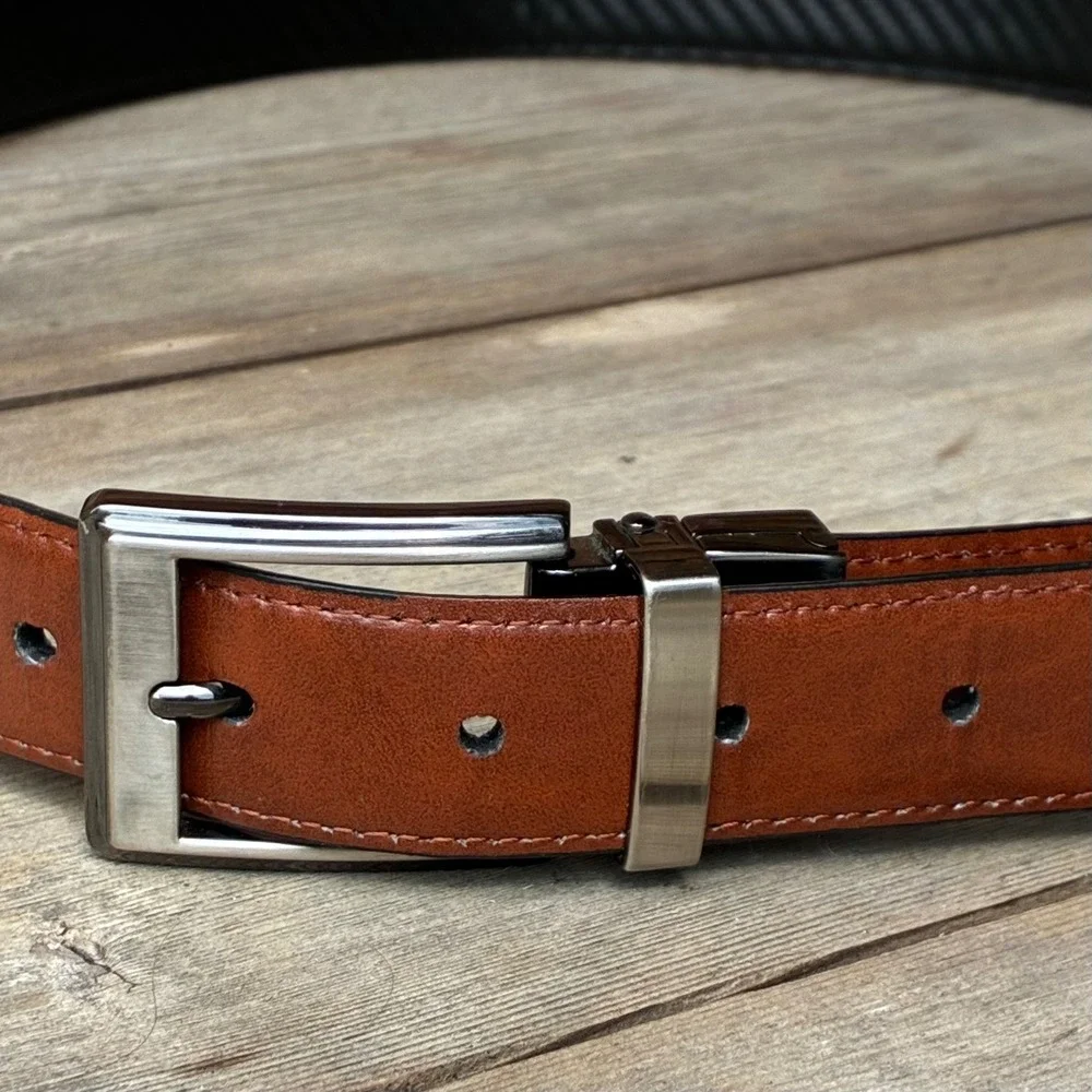 Men's Reversible Belt L 45 Black Carbon Fiber Cognac Brown Gunmetal BucklE